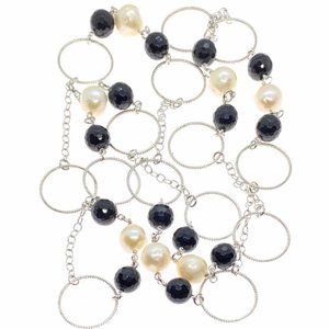 925 SS onyx & pearl beaded long necklace